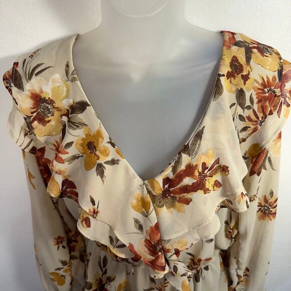 Ruffle Floral Peplum Blouse Long Sleeve V Neck Fall Top Cottagecore Boho M - Picture 2 of 6